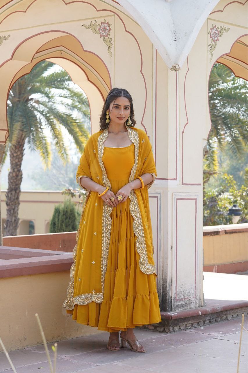 Manohari yellow georgette anarkali gown suit set