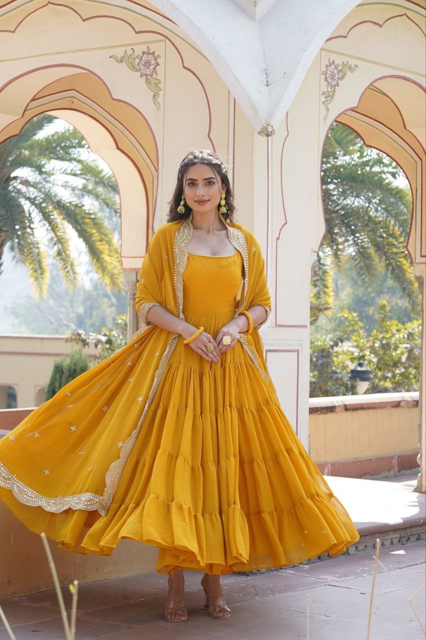 Manohari yellow georgette anarkali gown suit set