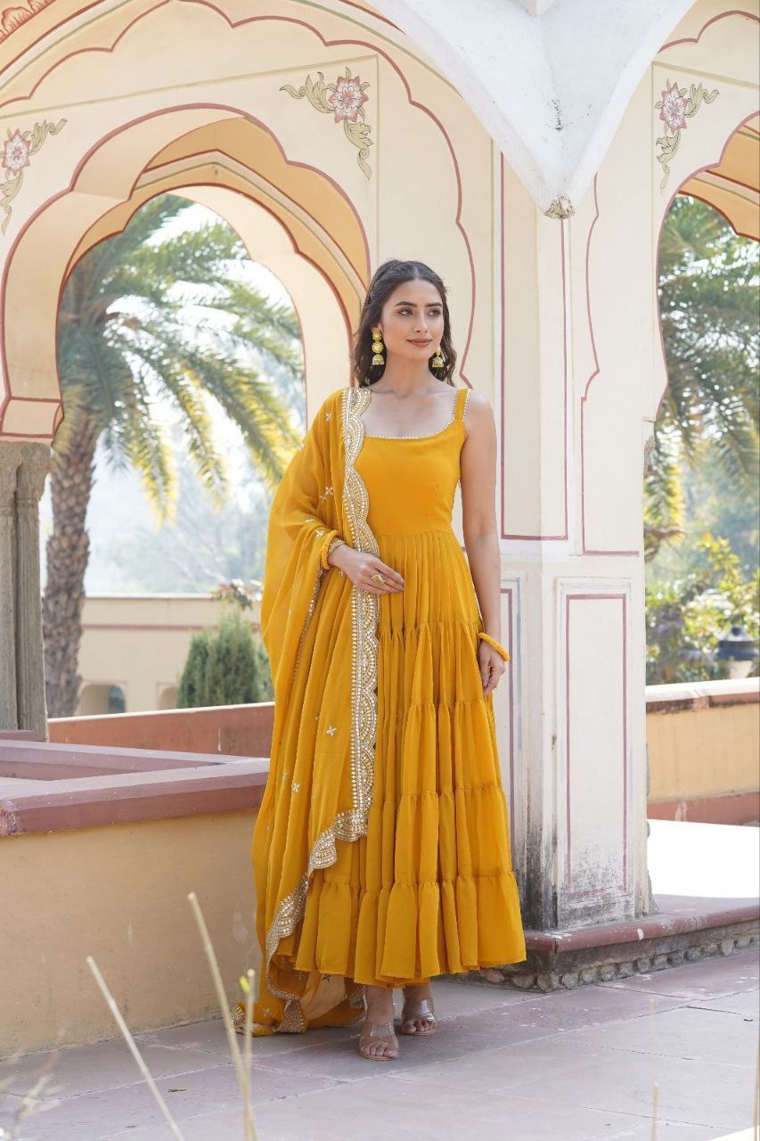 Manohari yellow georgette anarkali gown suit set