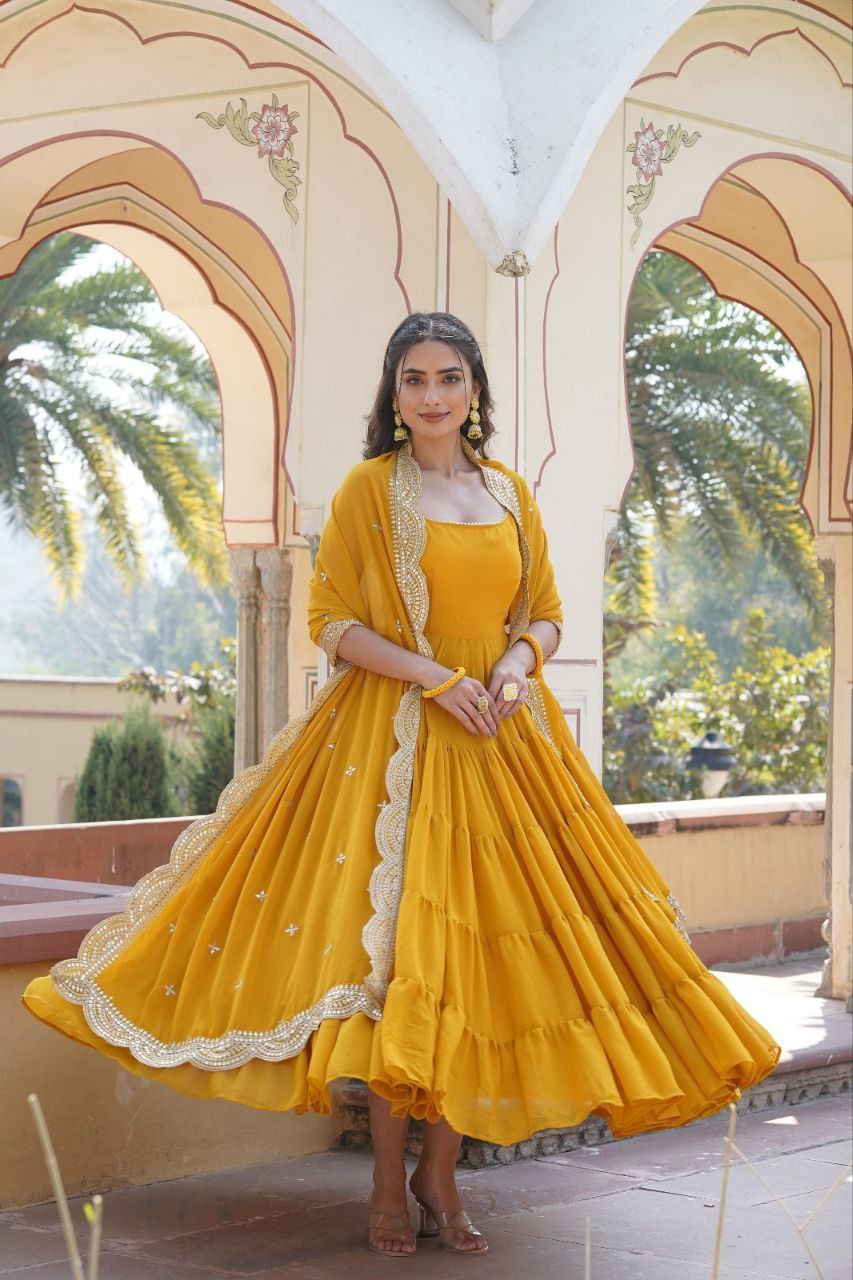 Manohari yellow georgette anarkali gown suit set