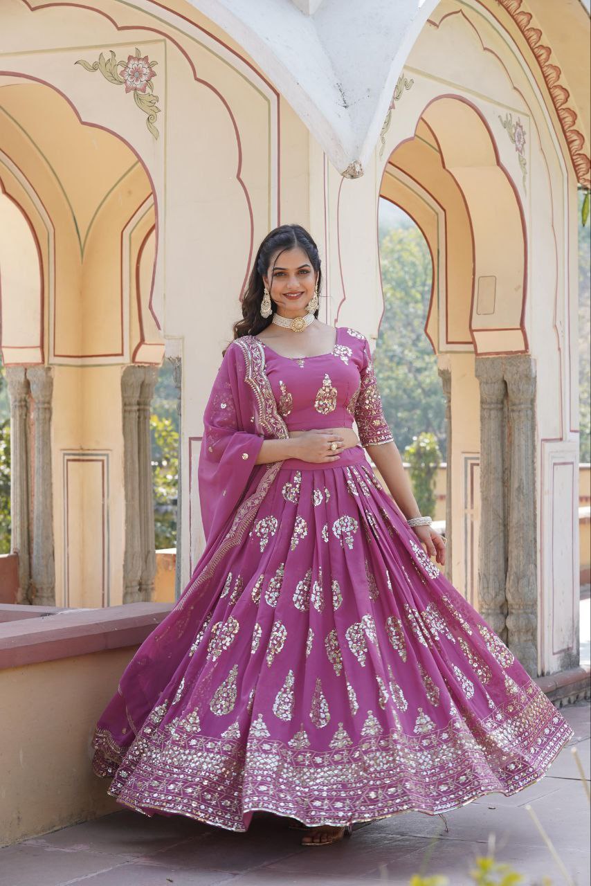 Sequin splendor faux georgette cut work lehenga ensemble