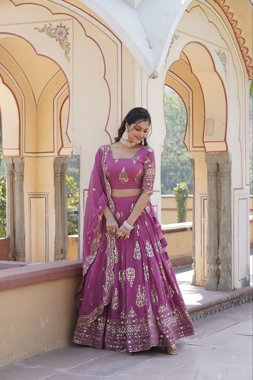 Sequin splendor faux georgette cut work lehenga ensemble