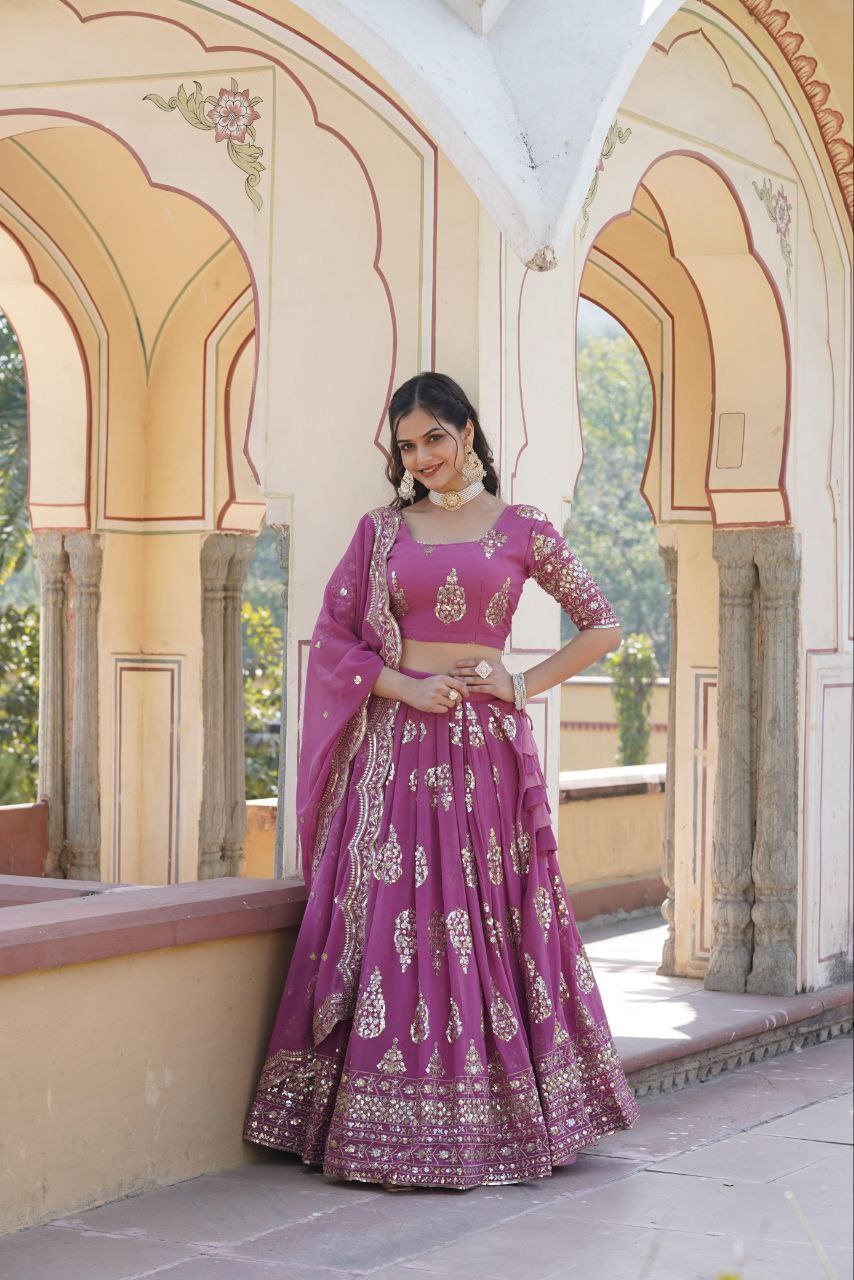 Sequin splendor faux georgette cut work lehenga ensemble