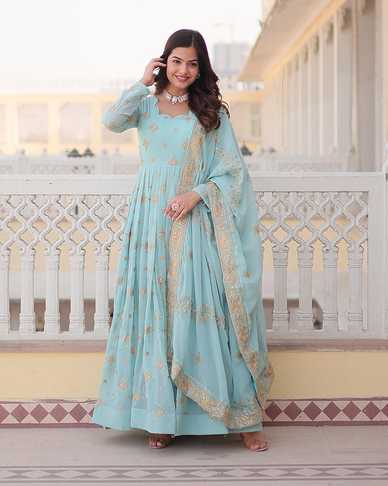 Blue georgette embroidered Sevya designer Anarkali gown