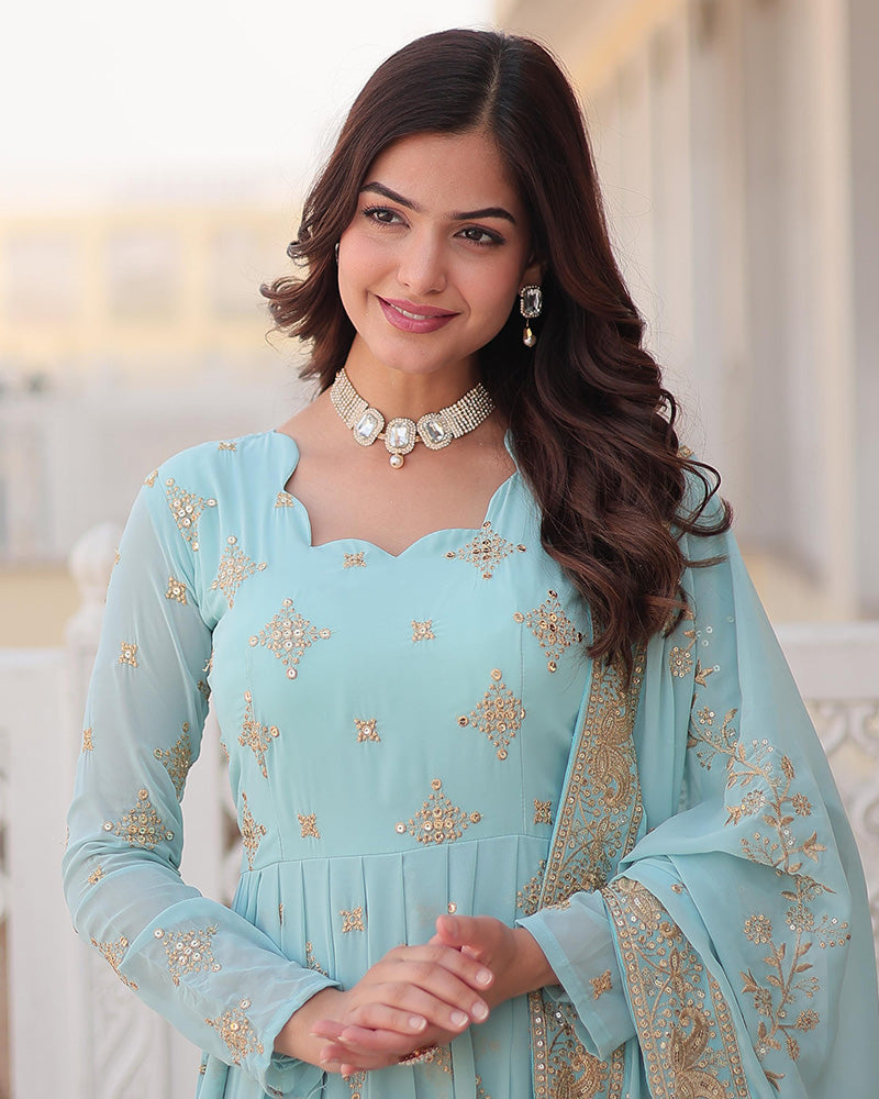 Blue georgette embroidered Sevya designer Anarkali gown