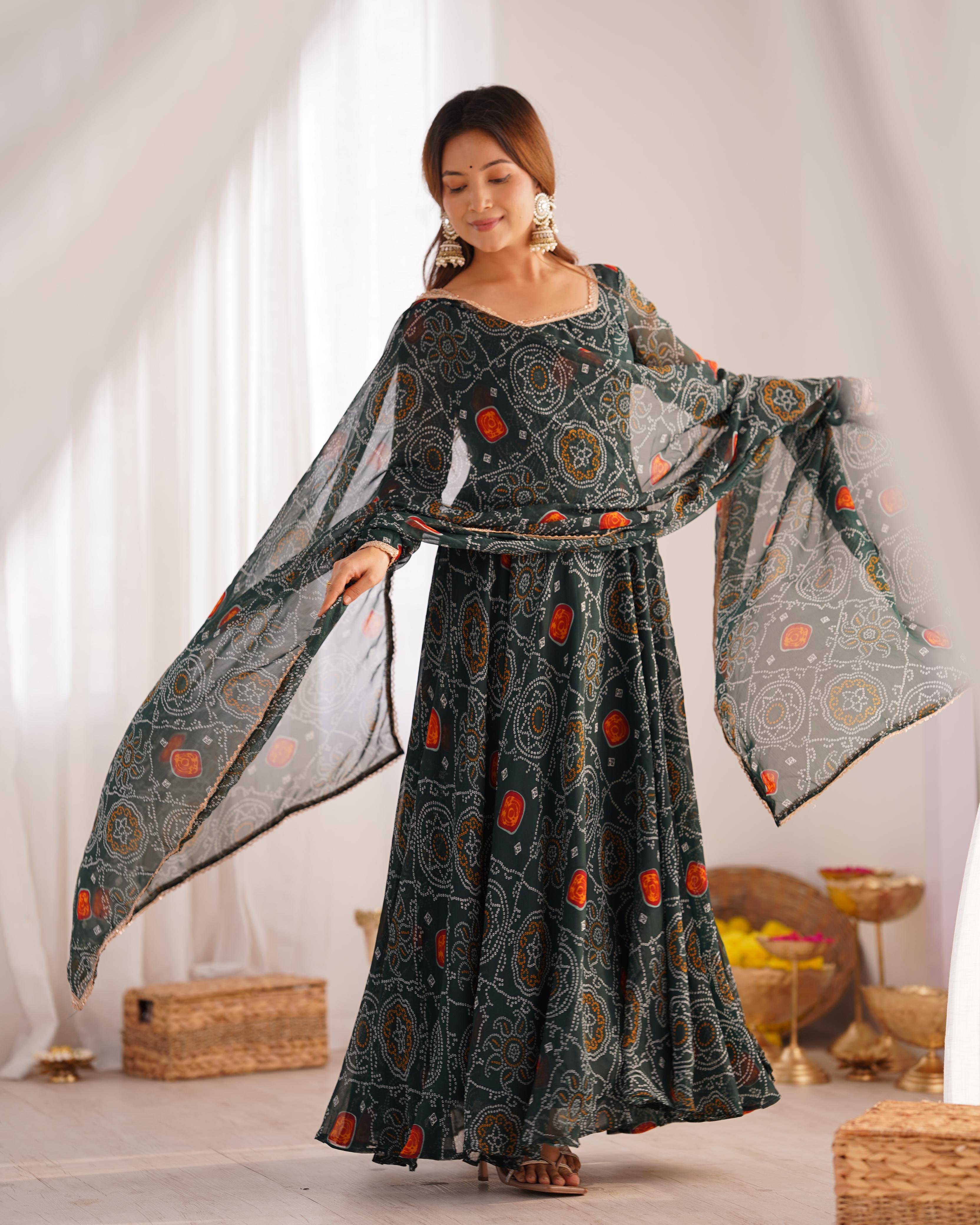 Shanvi Bandhej Chiffon Printed Flair Green Anarkali Suit Set