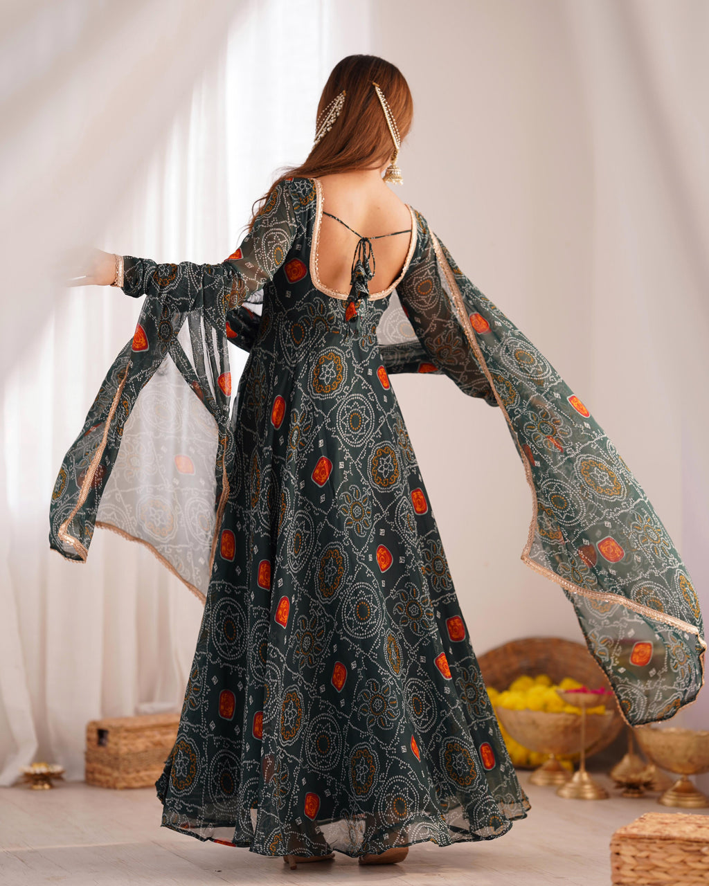 Shanvi Bandhej Chiffon Printed Flair Green Anarkali Suit Set