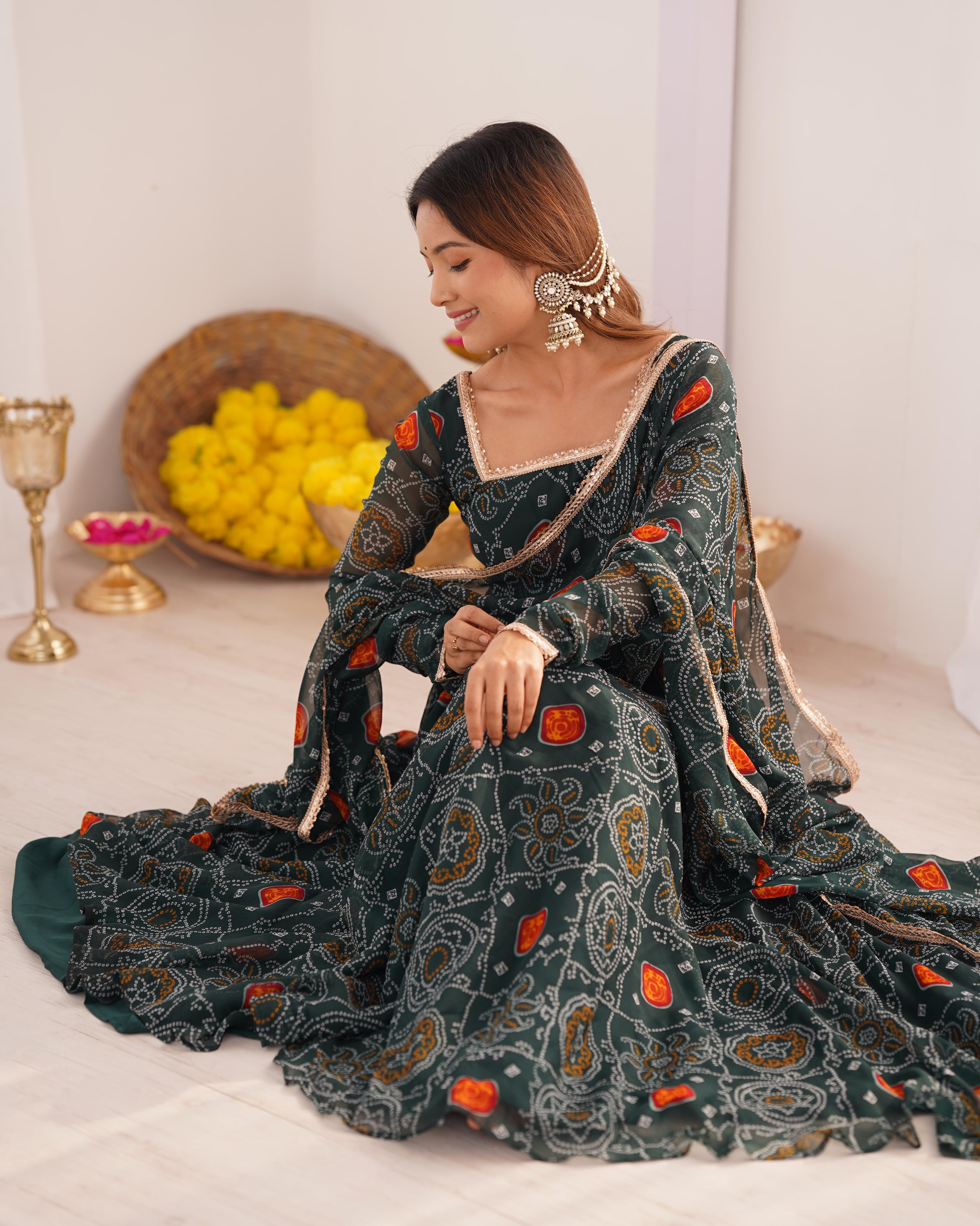 Shanvi Bandhej Chiffon Printed Flair Green Anarkali Suit Set