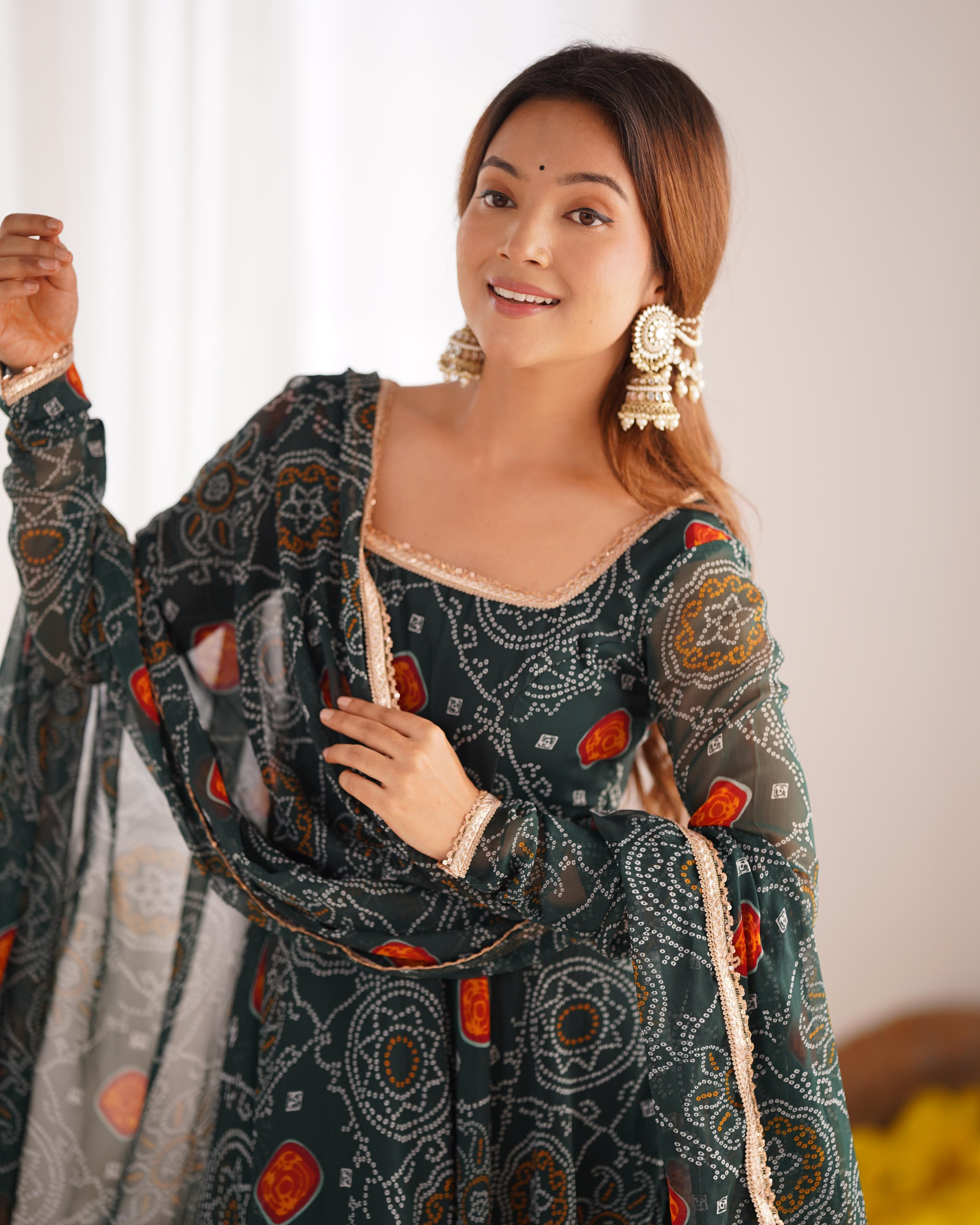 Shanvi Bandhej Chiffon Printed Flair Green Anarkali Suit Set