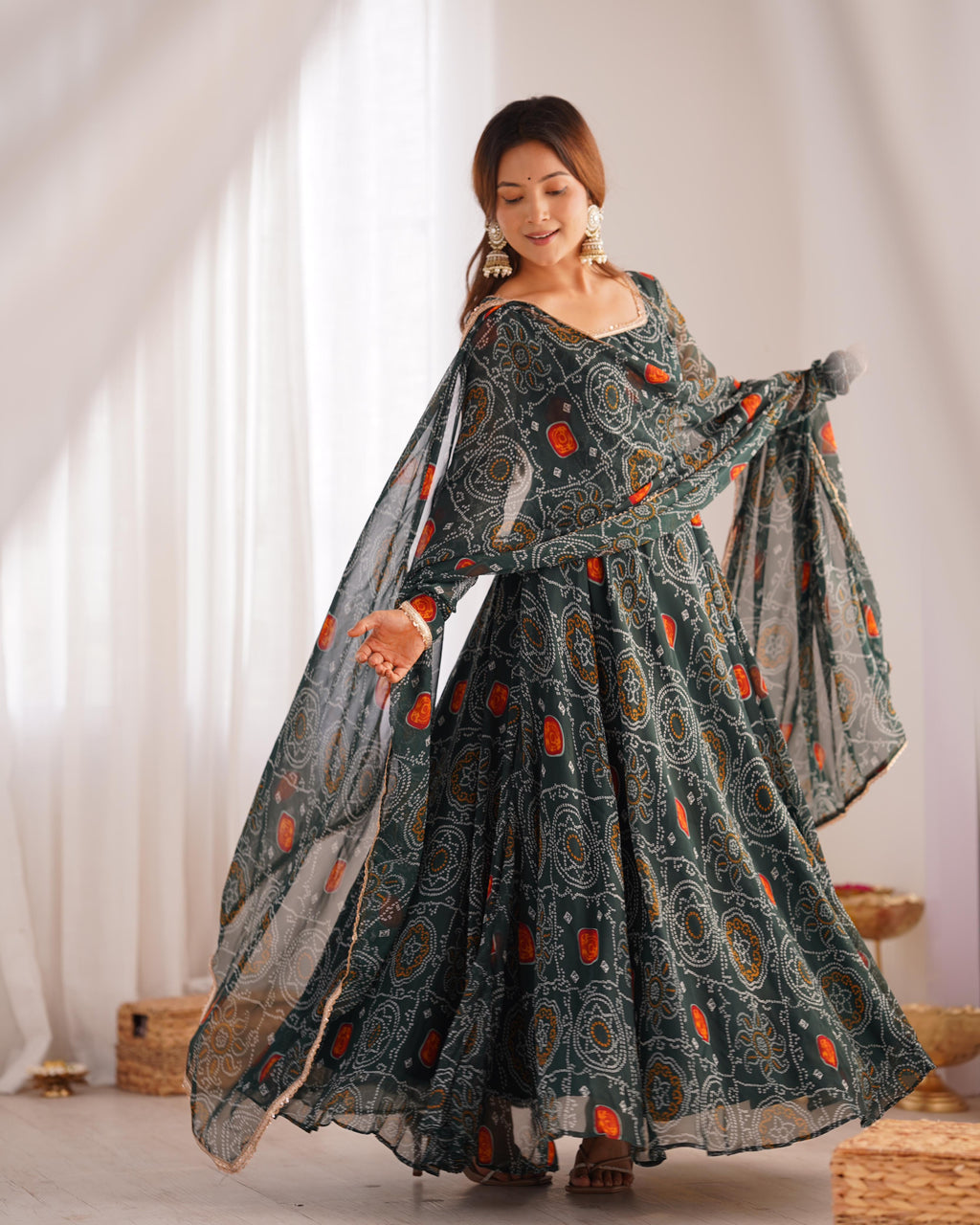 Shanvi Bandhej Chiffon Printed Flair Green Anarkali Suit Set
