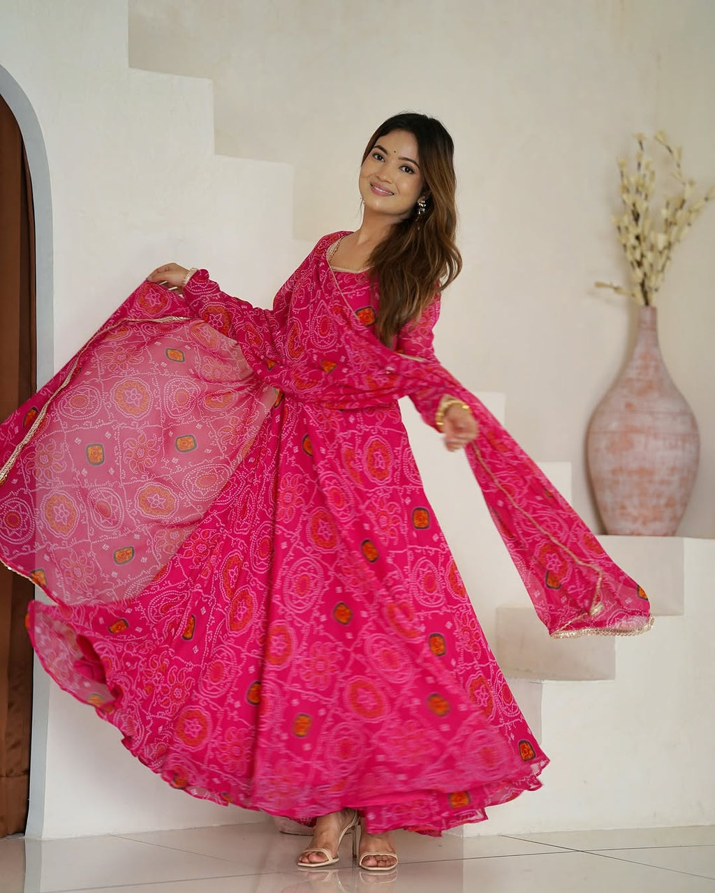 Shanvi Bandhej Chiffon Printed Flair Pink Anarkali Suit Set