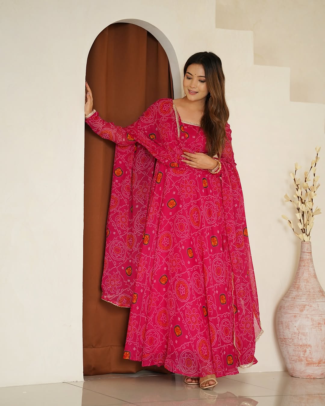 Shanvi Bandhej Chiffon Printed Flair Pink Anarkali Suit Set