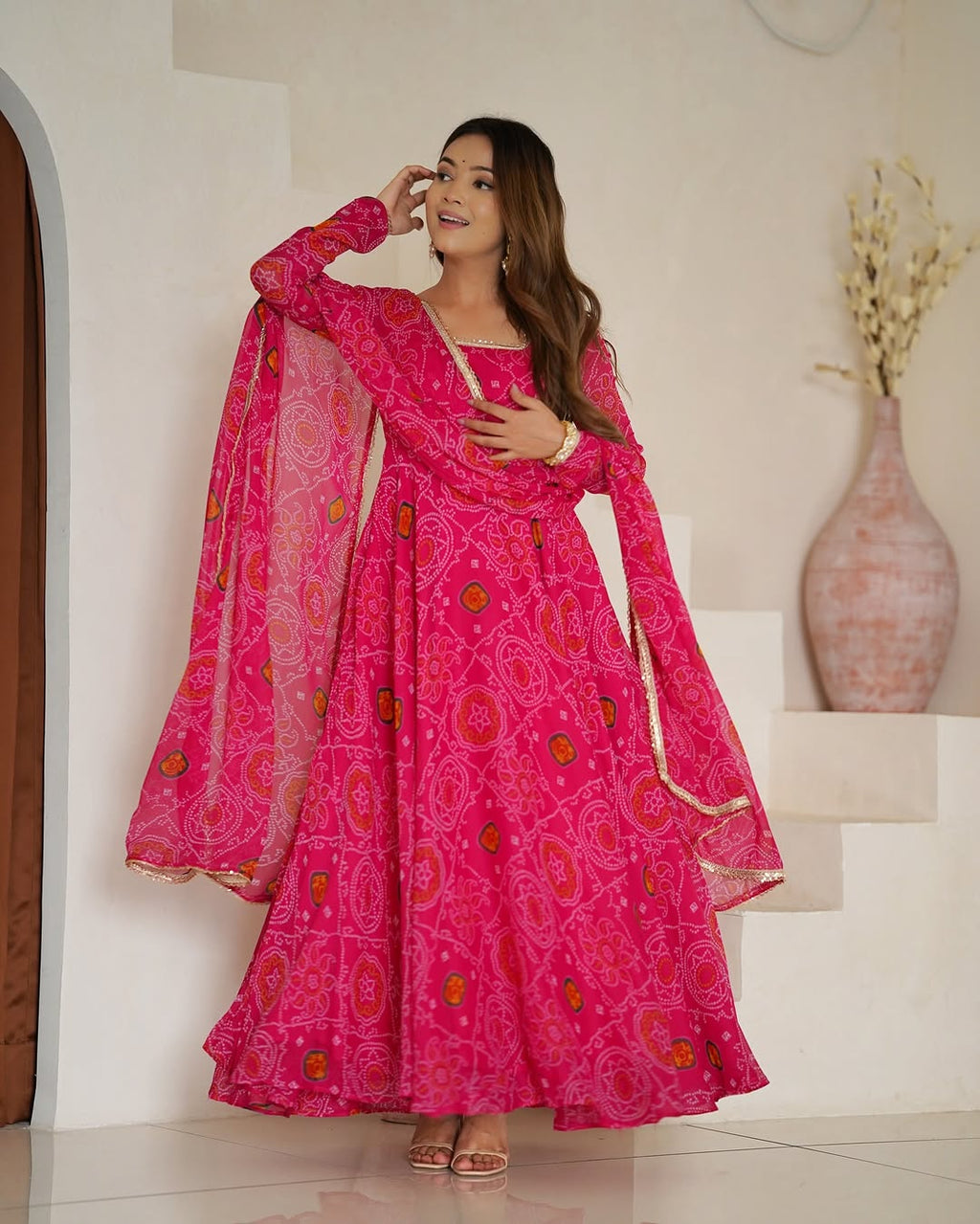 Shanvi Bandhej Chiffon Printed Flair Pink Anarkali Suit Set