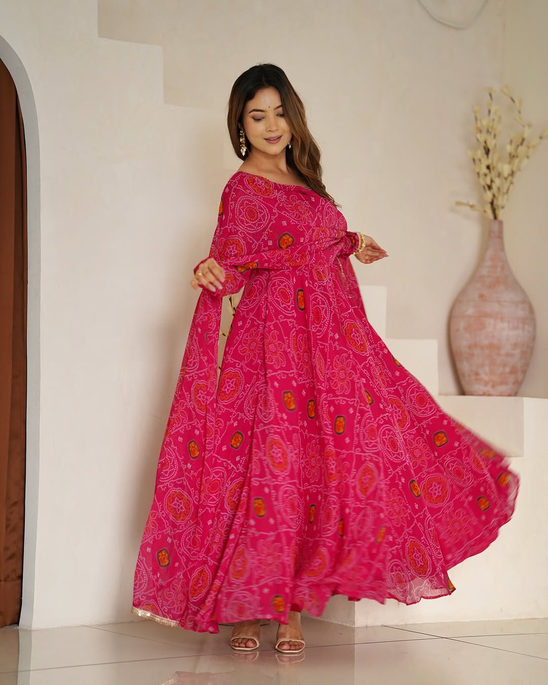 Shanvi Bandhej Chiffon Printed Flair Pink Anarkali Suit Set