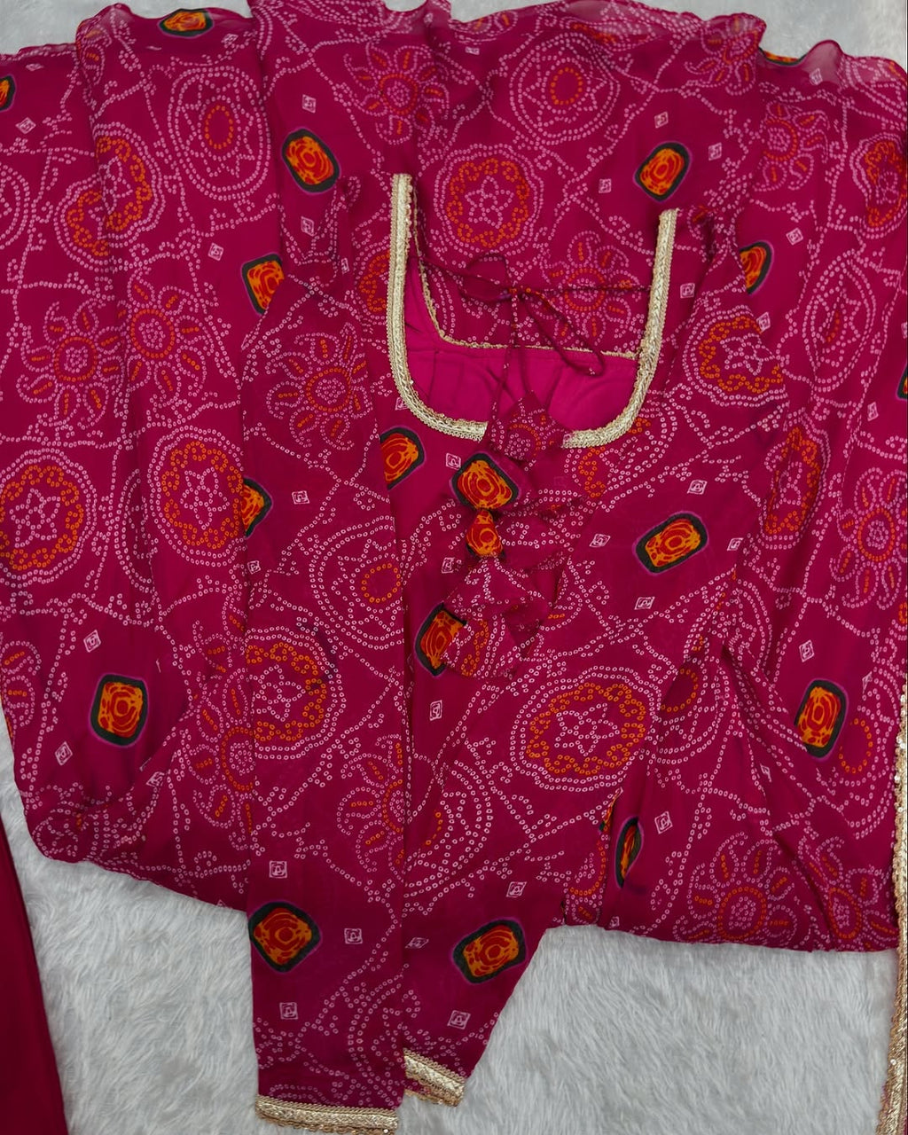 Shanvi Bandhej Chiffon Printed Flair Pink Anarkali Suit Set