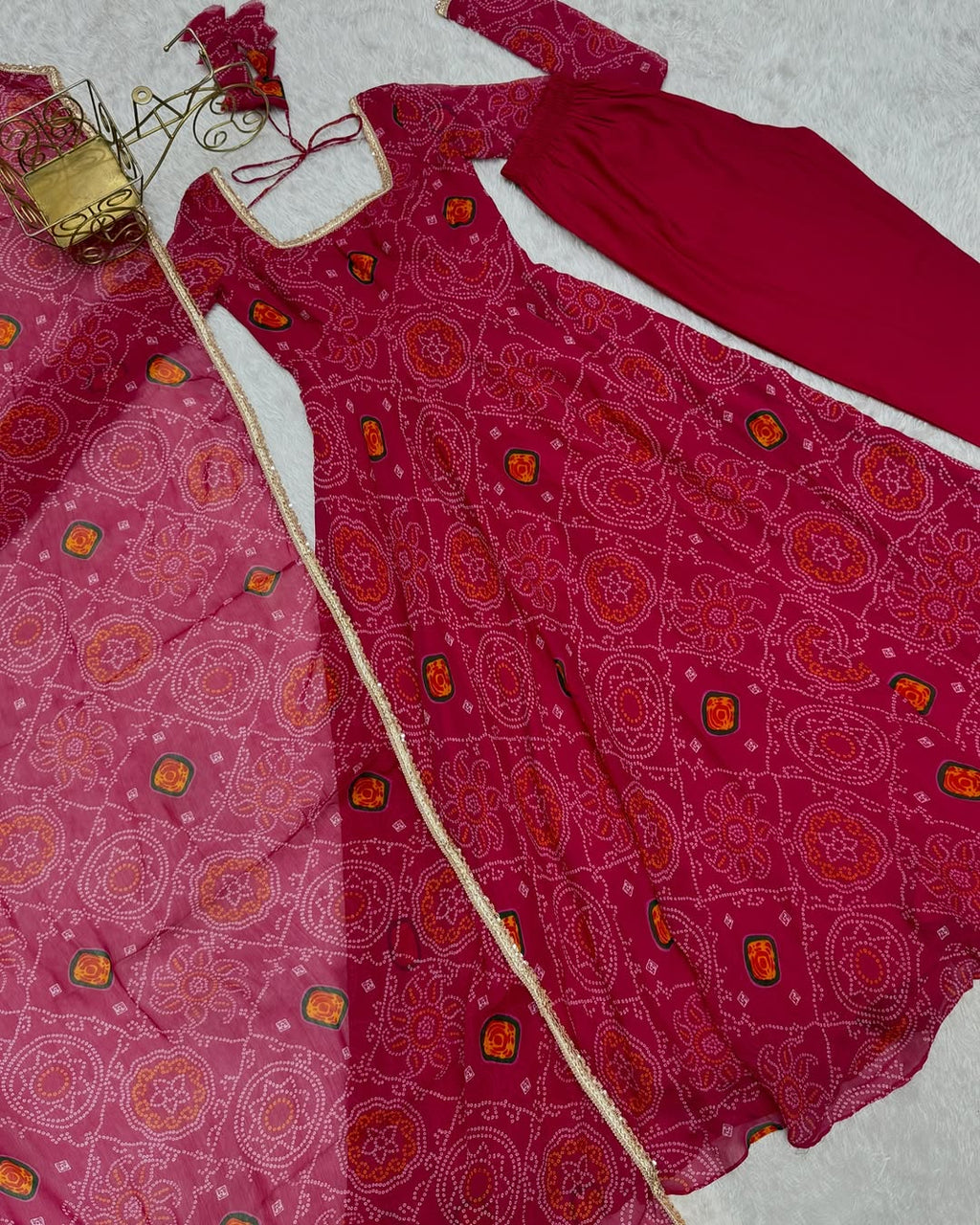 Shanvi Bandhej Chiffon Printed Flair Pink Anarkali Suit Set