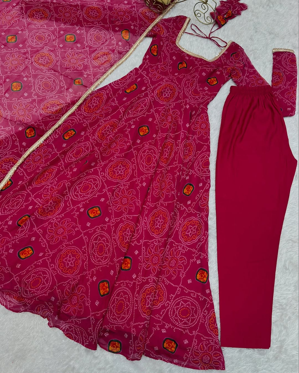 Shanvi Bandhej Chiffon Printed Flair Pink Anarkali Suit Set