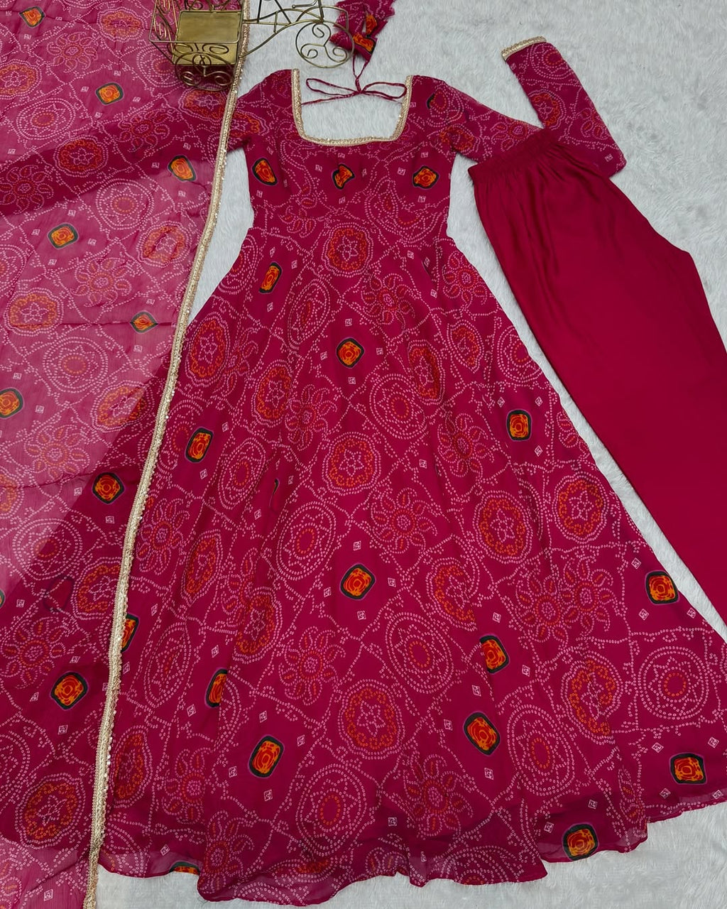 Shanvi Bandhej Chiffon Printed Flair Pink Anarkali Suit Set