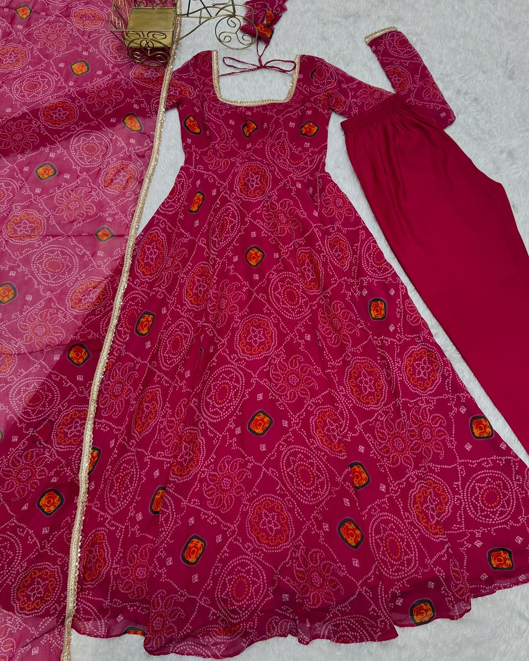 Shanvi Bandhej Chiffon Printed Flair Pink Anarkali Suit Set