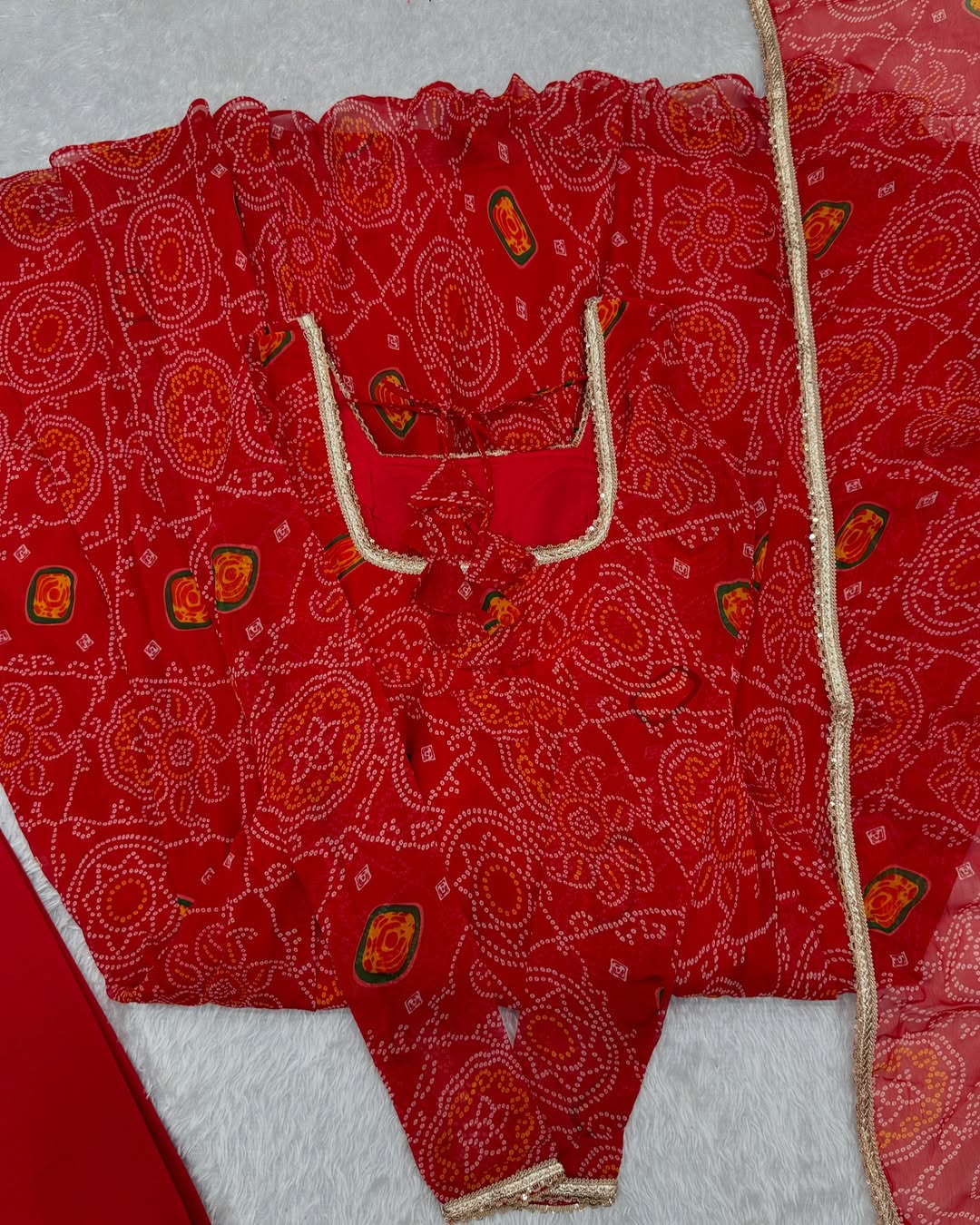 Shanvi Bandhej Chiffon Printed Flair Red Anarkali Suit Set