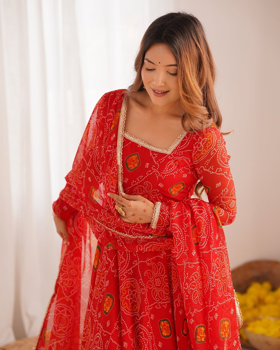 Shanvi Bandhej Chiffon Printed Flair Red Anarkali Suit Set