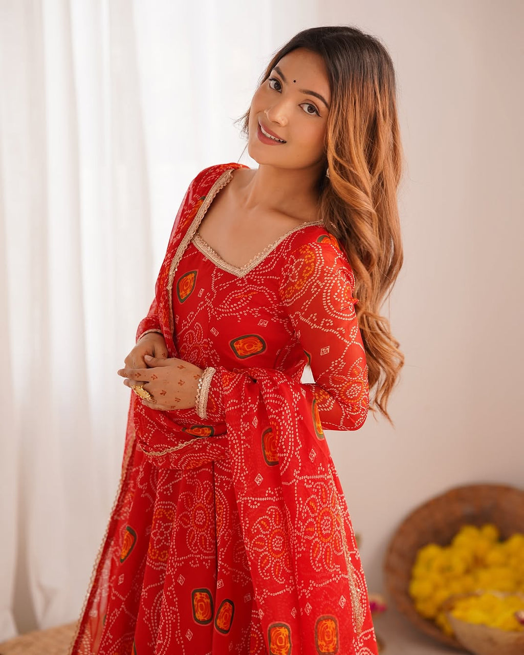Shanvi Bandhej Chiffon Printed Flair Red Anarkali Suit Set