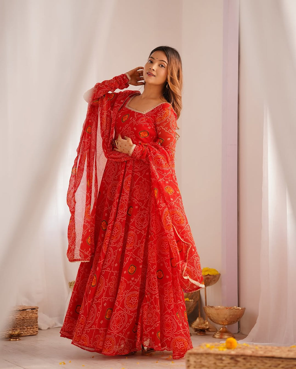 Shanvi Bandhej Chiffon Printed Flair Red Anarkali Suit Set