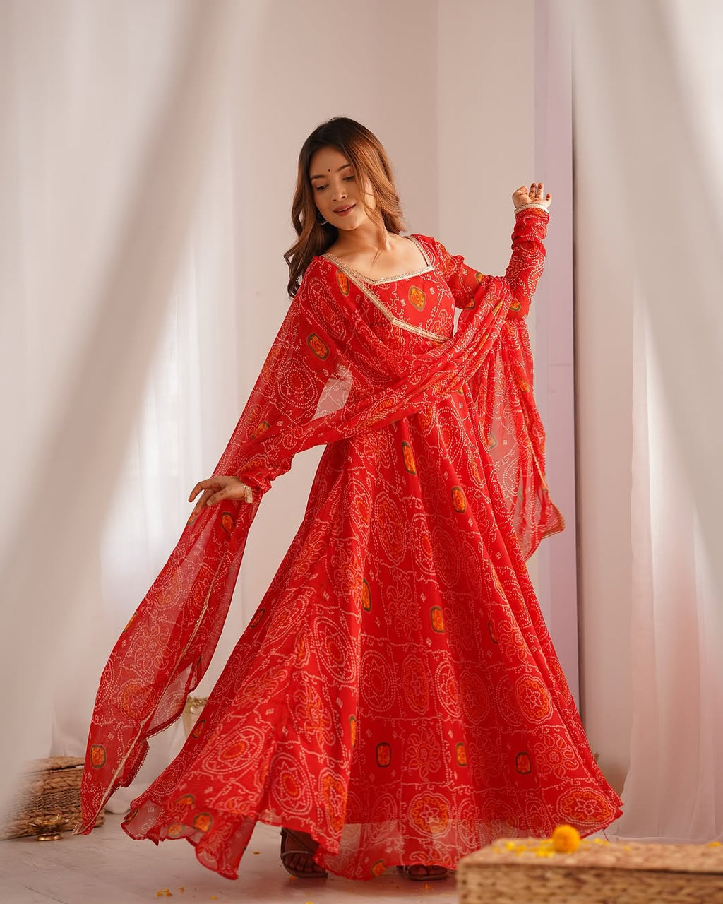 Shanvi Bandhej Chiffon Printed Flair Red Anarkali Suit Set