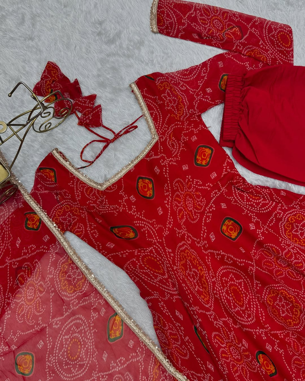 Shanvi Bandhej Chiffon Printed Flair Red Anarkali Suit Set