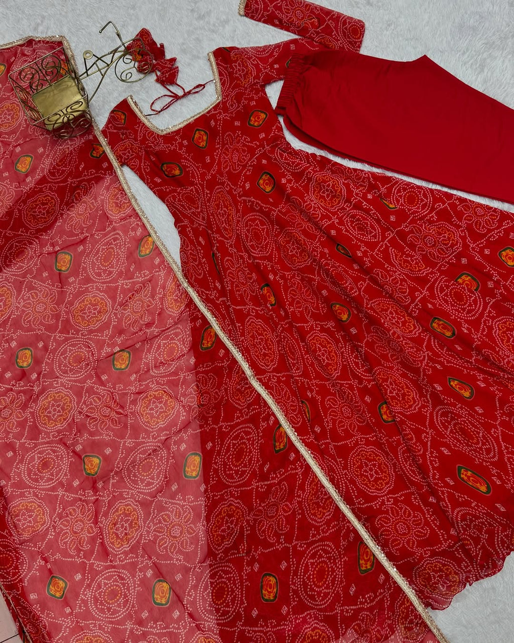 Shanvi Bandhej Chiffon Printed Flair Red Anarkali Suit Set