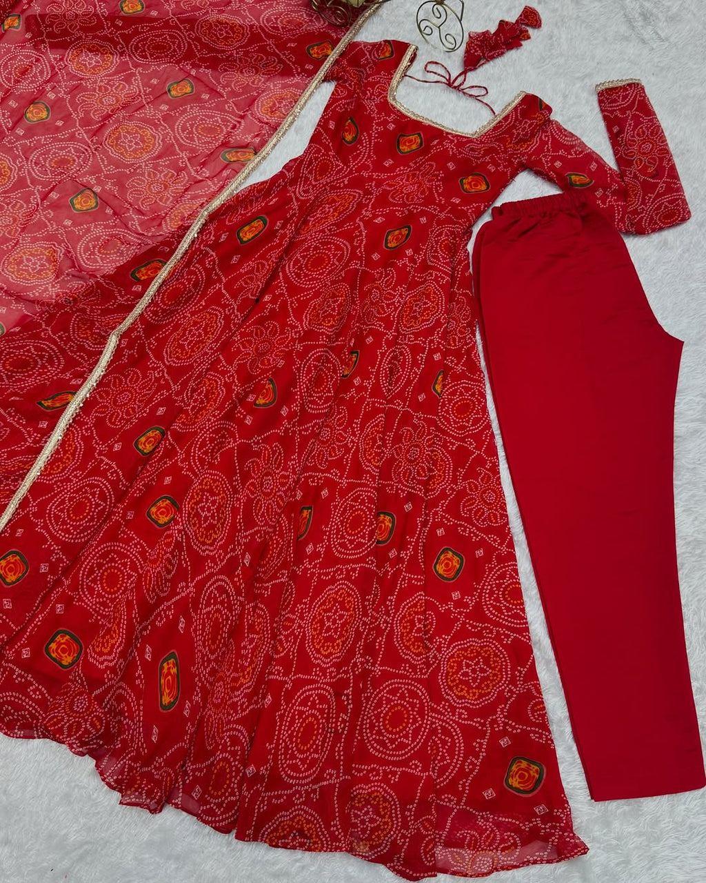 Shanvi Bandhej Chiffon Printed Flair Red Anarkali Suit Set