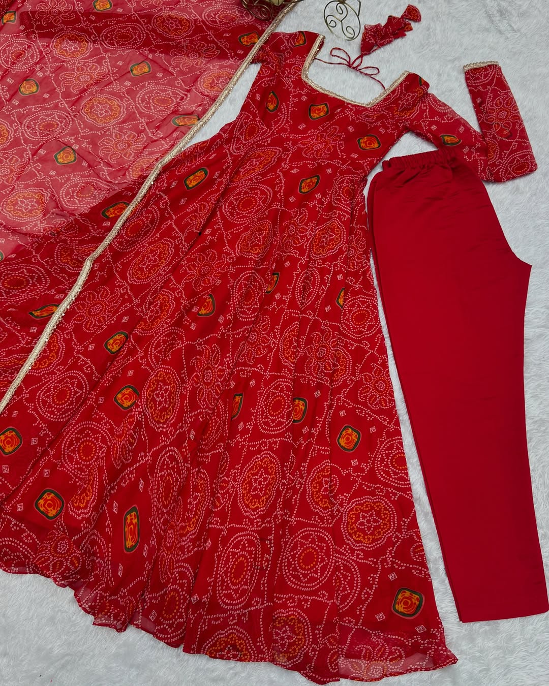 Shanvi Bandhej Chiffon Printed Flair Red Anarkali Suit Set