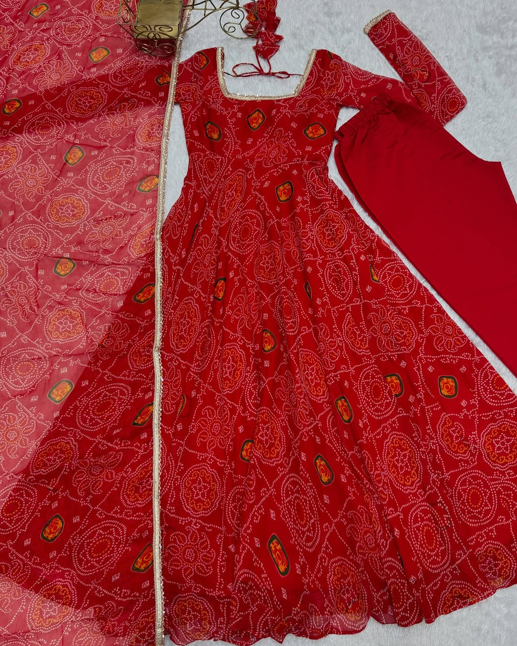 Shanvi Bandhej Chiffon Printed Flair Red Anarkali Suit Set
