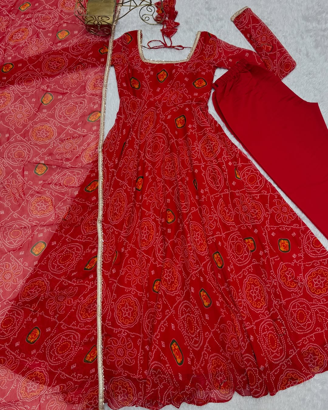 Shanvi Bandhej Chiffon Printed Flair Red Anarkali Suit Set
