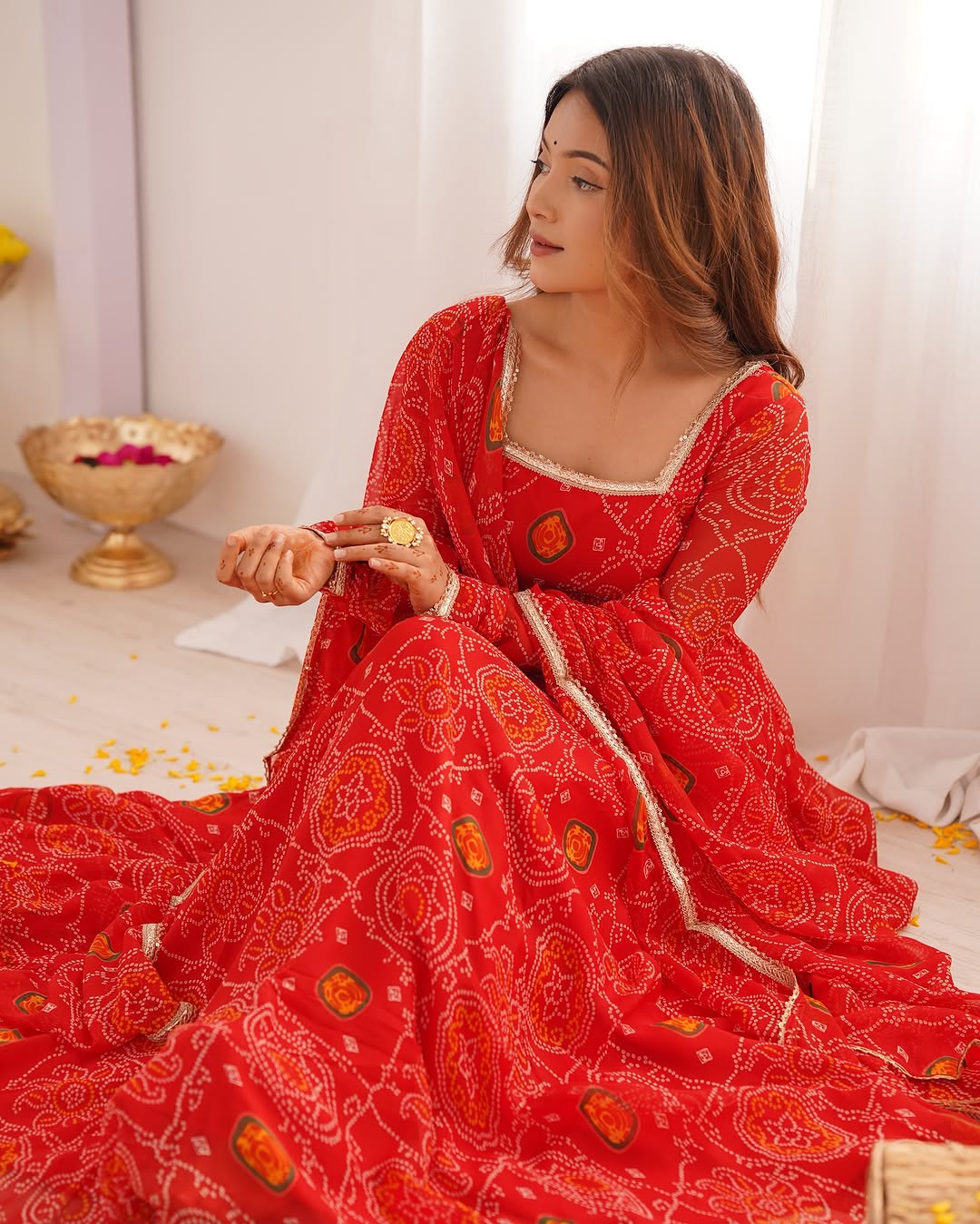Shanvi Bandhej Chiffon Printed Flair Red Anarkali Suit Set