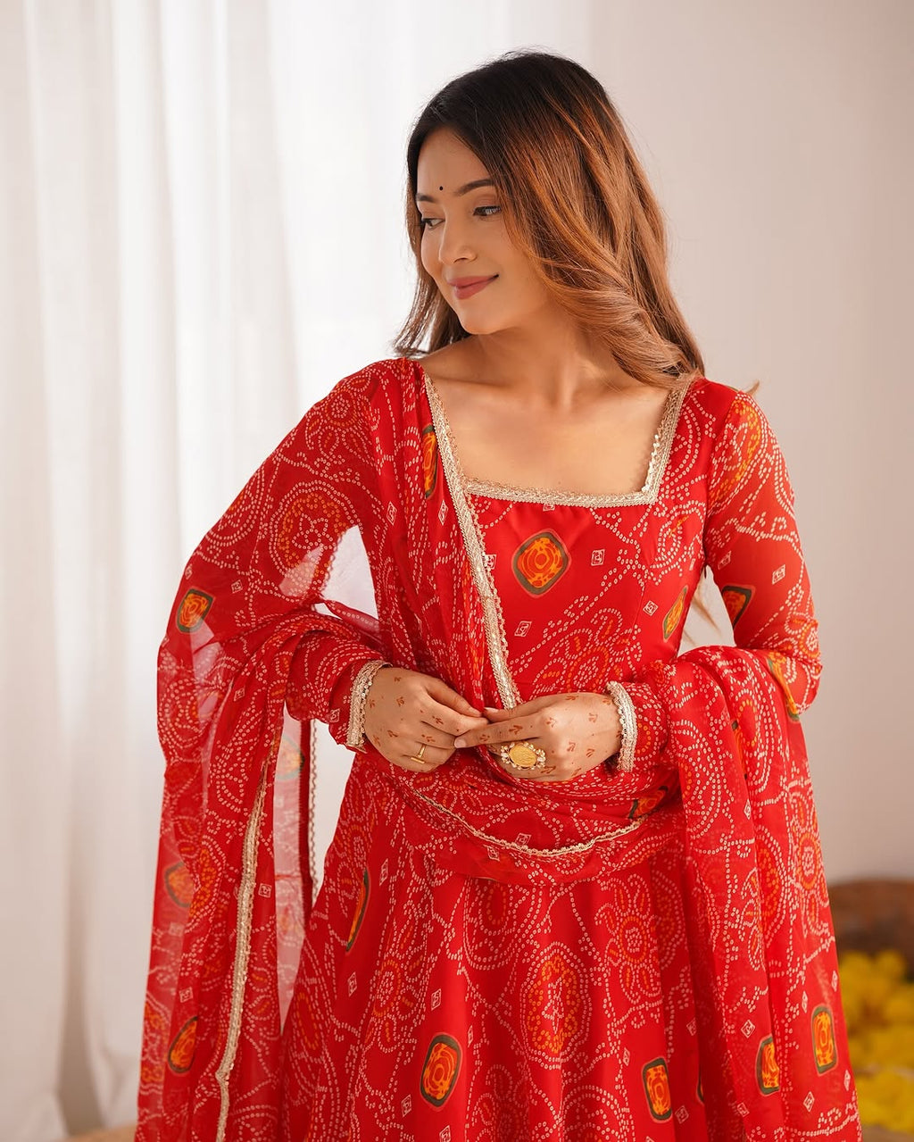 Shanvi Bandhej Chiffon Printed Flair Red Anarkali Suit Set