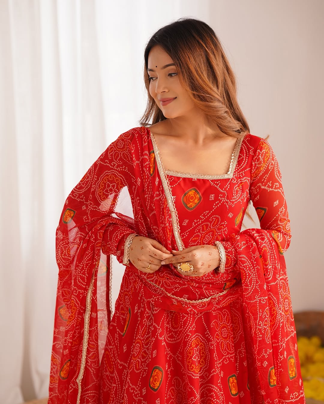 Shanvi Bandhej Chiffon Printed Flair Red Anarkali Suit Set