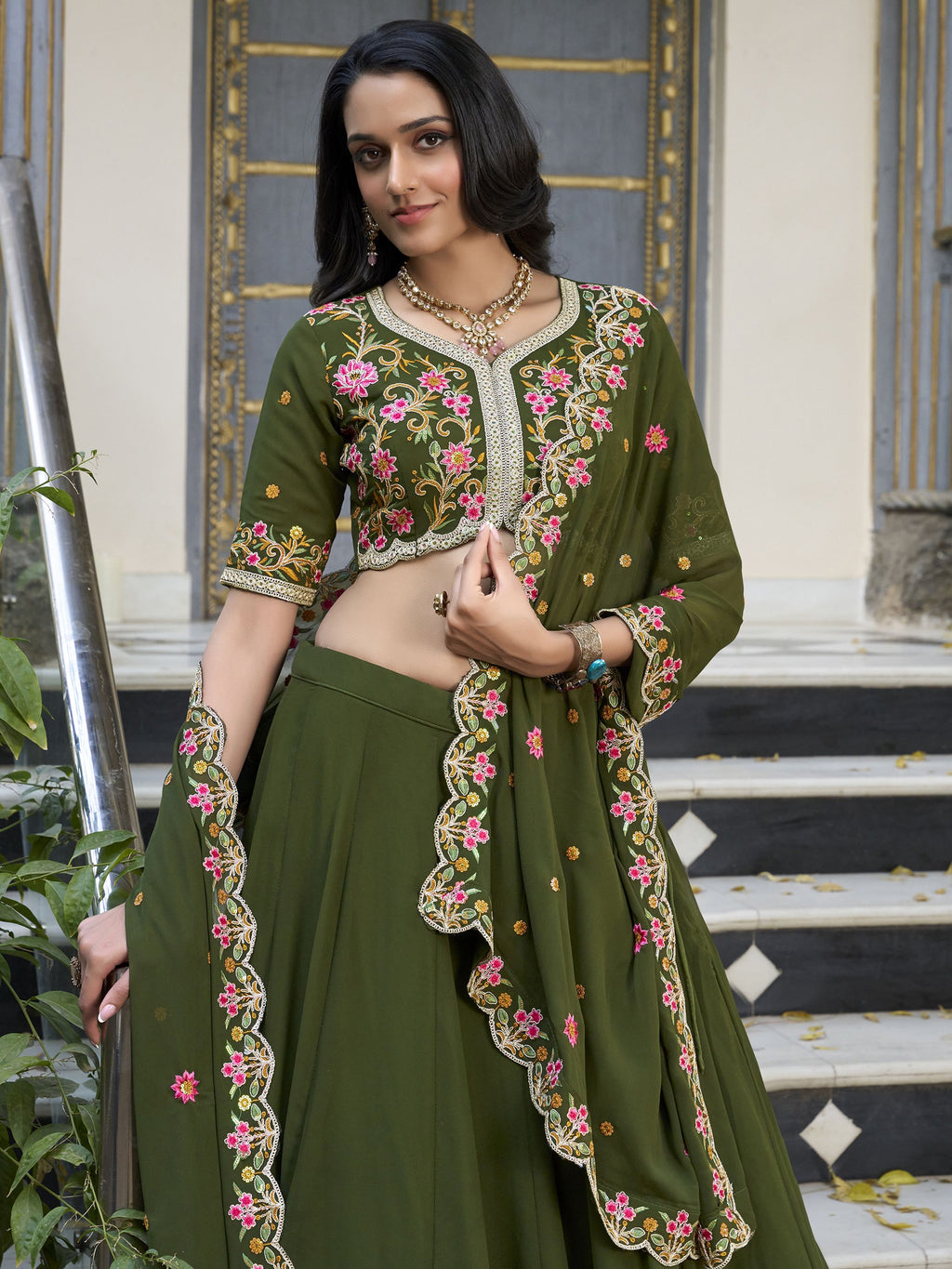 Sharvisha green georgette embroidered lehenga choli