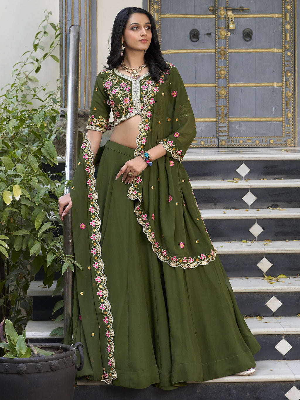Sharvisha green georgette embroidered lehenga choli