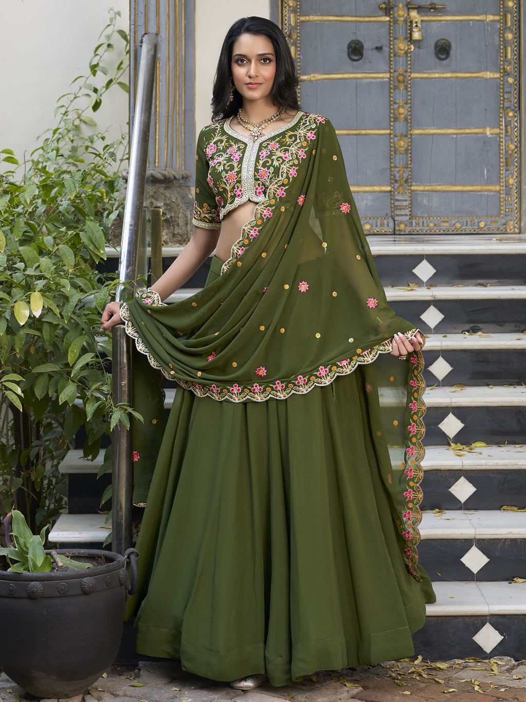 Sharvisha green georgette embroidered lehenga choli