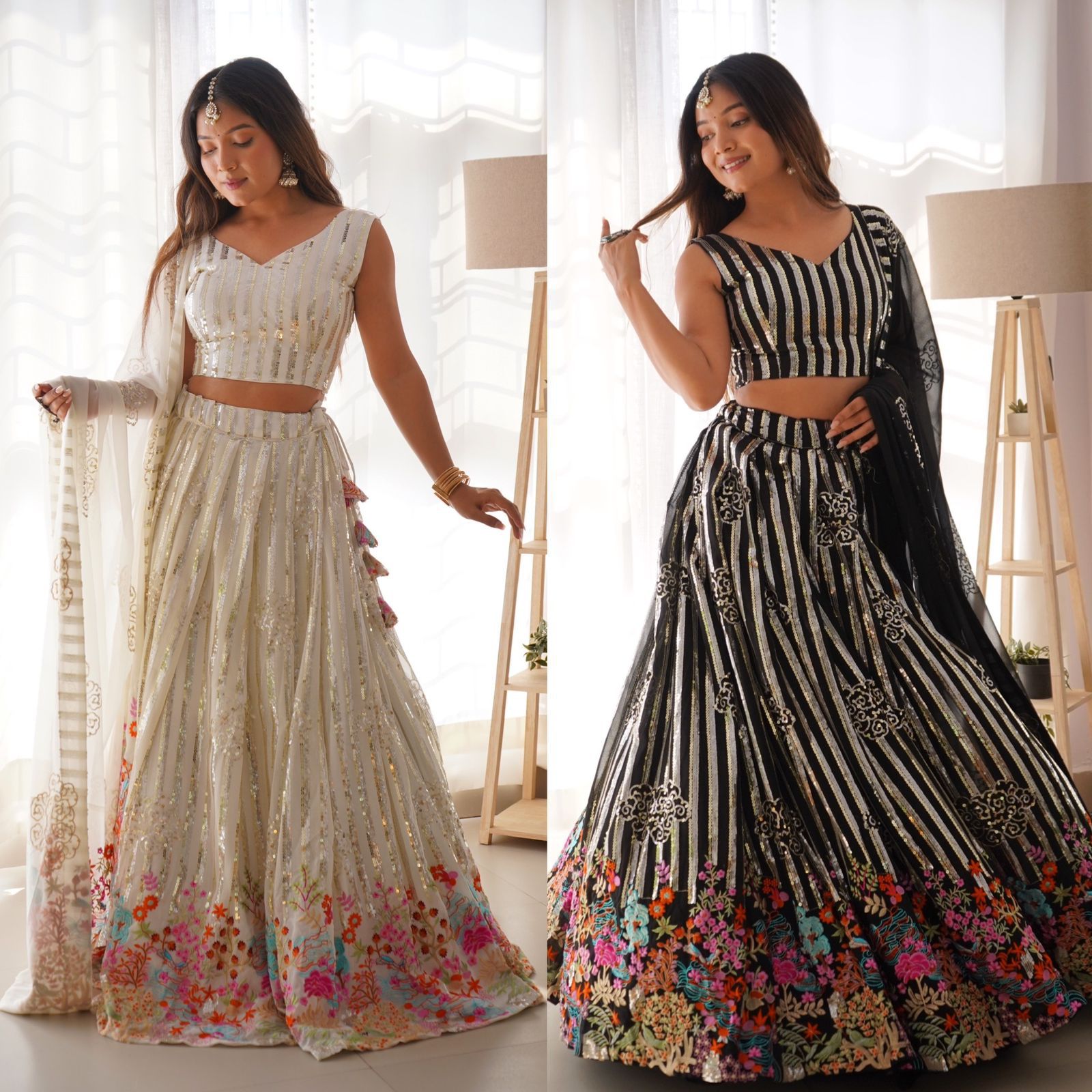 Indrani white fox georgette embroidered lehenga set