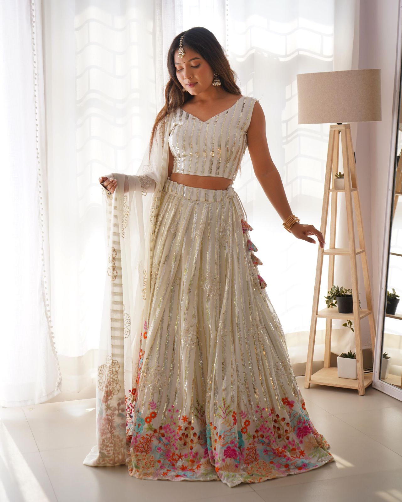 Indrani white fox georgette embroidered lehenga set