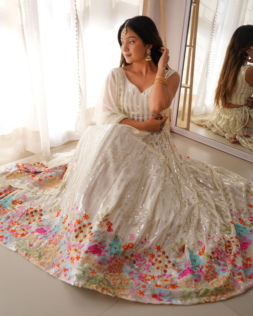 Indrani white fox georgette embroidered lehenga set