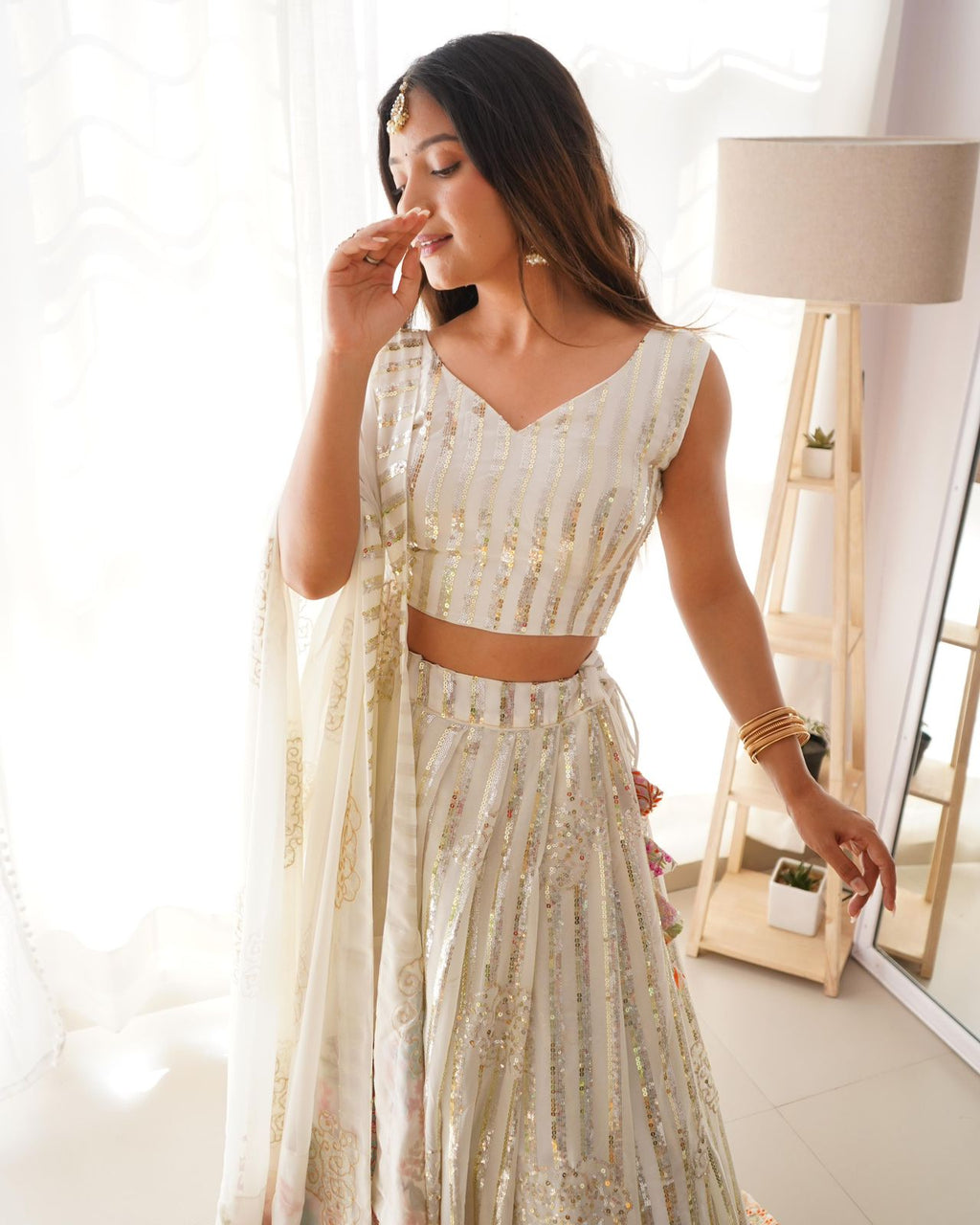Indrani white fox georgette embroidered lehenga set