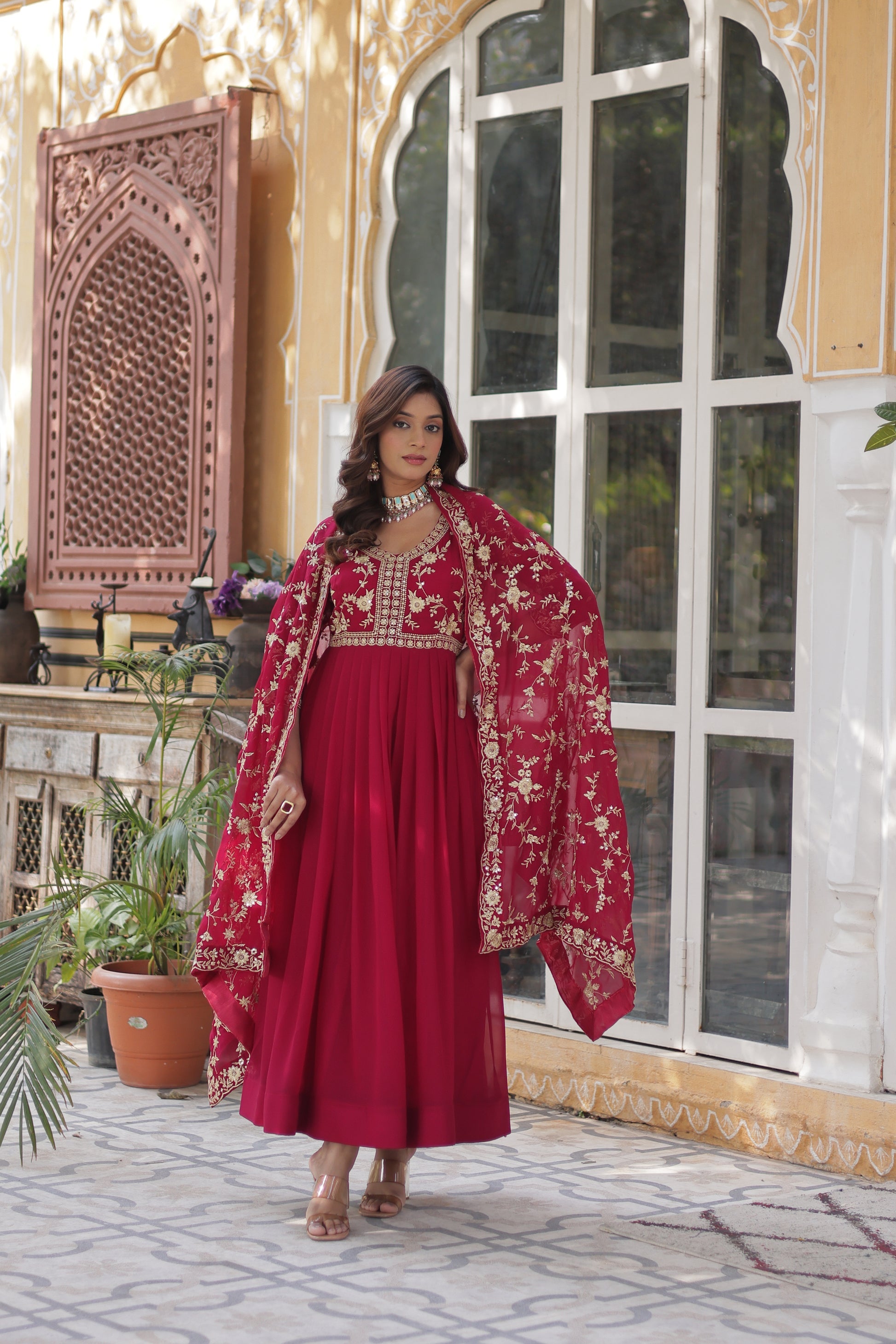  Shivangi pink embroidered Anarkali gown set made from faux blooming fabric with zari and multi-sequins work, featuring 3/4th sleeves and a designer neckline, paired with matching embroidered dupatta – perfect ethnic outfit for weddings, festivals, and special occasions in 2025.