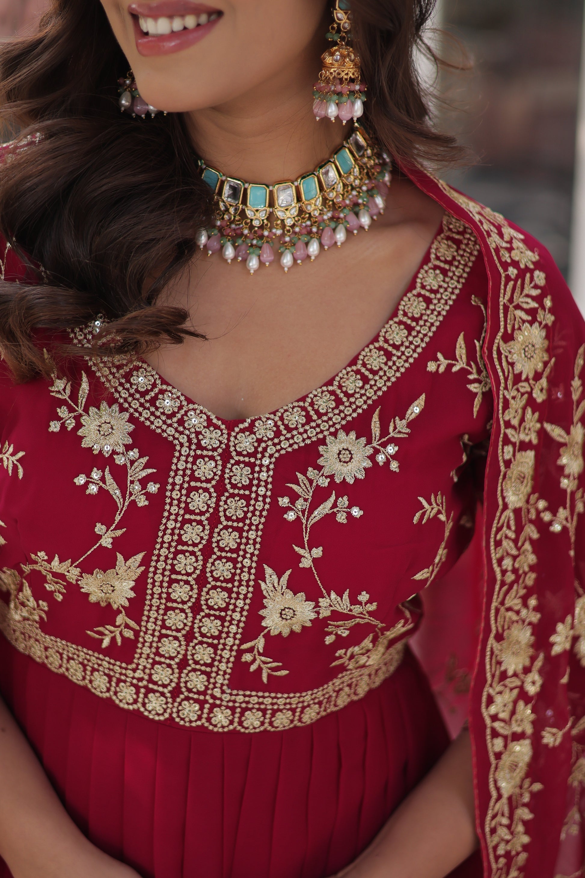  Shivangi pink embroidered Anarkali gown set made from faux blooming fabric with zari and multi-sequins work, featuring 3/4th sleeves and a designer neckline, paired with matching embroidered dupatta – perfect ethnic outfit for weddings, festivals, and special occasions in 2025.