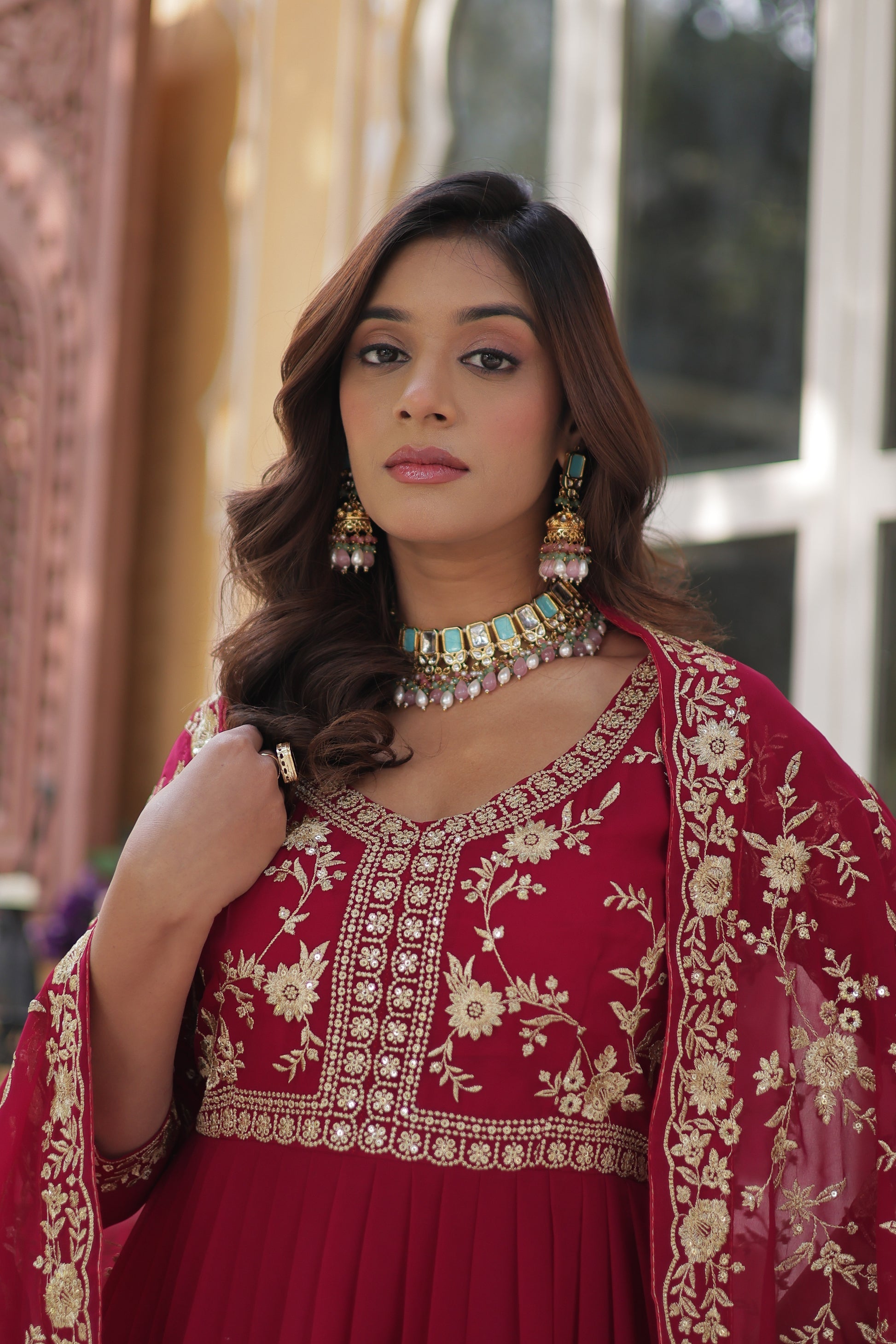  Shivangi pink embroidered Anarkali gown set made from faux blooming fabric with zari and multi-sequins work, featuring 3/4th sleeves and a designer neckline, paired with matching embroidered dupatta – perfect ethnic outfit for weddings, festivals, and special occasions in 2025.