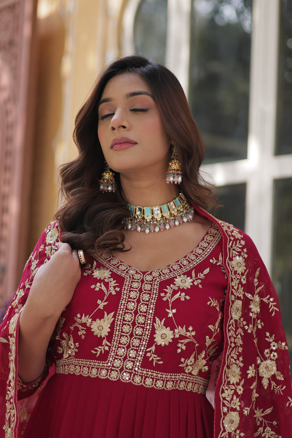  Shivangi pink embroidered Anarkali gown set made from faux blooming fabric with zari and multi-sequins work, featuring 3/4th sleeves and a designer neckline, paired with matching embroidered dupatta – perfect ethnic outfit for weddings, festivals, and special occasions in 2025.