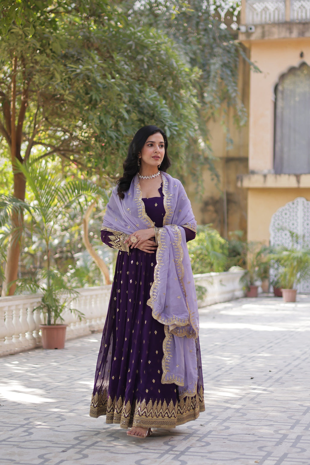 Shravisha Purple Embroidered Anarkali Gown Set