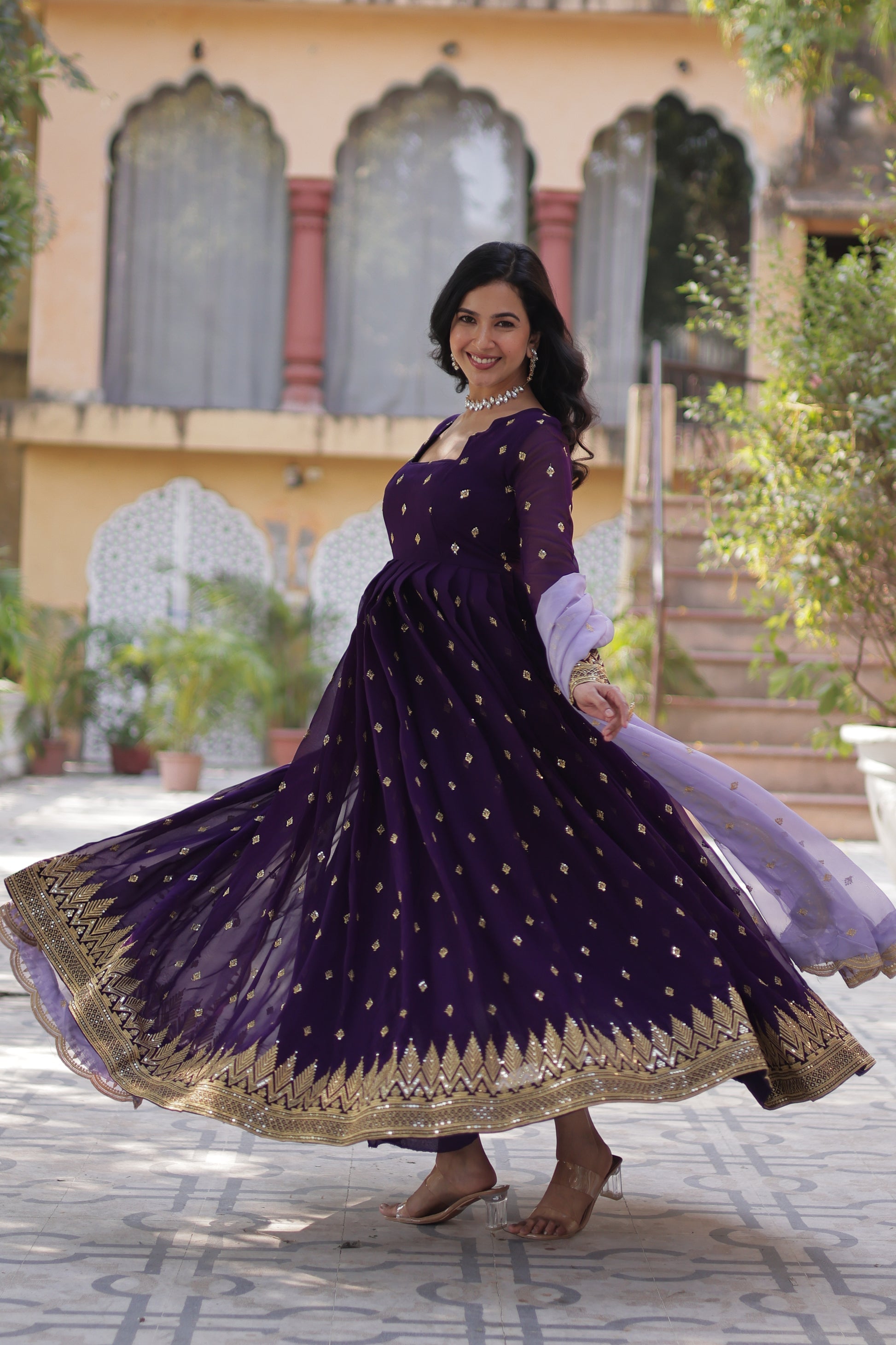 Shravisha Purple Embroidered Anarkali Gown Set